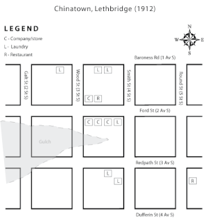 Map of 1912 Chinatown showing stores, laundries and restaurants Lethbridge chinatown map.gif