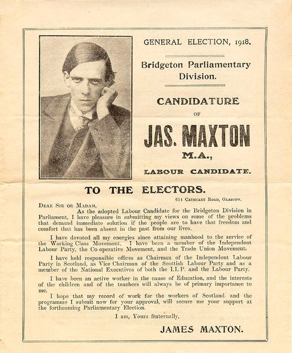 A leaflet from Jimmie Maxton's first campaign for Parliament