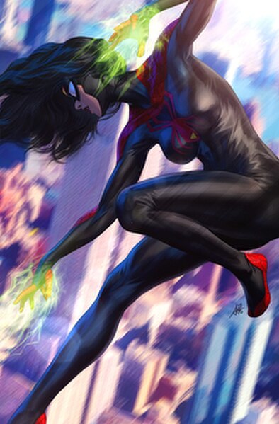 Jessica's venom blasts. Variant cover of Spider-Woman #5.