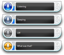 The speech recognizer displaying information based on different modes; the color of the recognizer button changes based on user interaction. WSRRecognizerStates.png