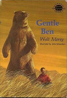 Dust jacket of the original 1965 E.P. Dutton edition of Gentle Ben by Walt Morey