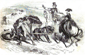 Wagonloads of coal being hauled up Dunkerton Hill in the 1850s. Fanny Mayne, writing in The True Briton, complained of this unpleasant traffic, "It is a very long hill, nearly two miles long, and up it are dragged nearly all the carts, waggons, and "noddies", loaded with coal, which supply Bath and its environs with that very necessary comfort, or comfortable necessary. A sad sight is Dunkerton Hill!" Dunkerton hill in 1853.PNG