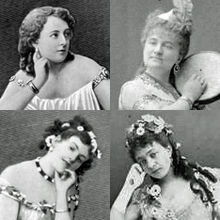 Offenbach's leading ladies (clockwise from top left): Marie Garnier in Orphee aux enfers, Zulma Bouffar in Les brigands, Lea Silly (role unidentified), Rose Deschamps in Orphee aux enfers Offenbach's other leading ladies.jpg