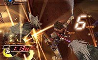 Natoe uses Nitou-Ryu mode (twin swords) on a gang of thugs, currently at a 6-hit combo multiper.