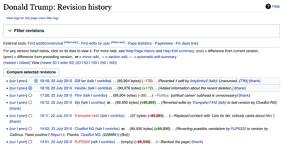 The article for Donald Trump was blanked twice on 22 July 2015. Wikipedia vandalism - history around revision 672598769.png