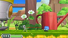 Chibi-Robo in the first level of the first world in the game, Oceania, preparing to launch his whip-lash at an enemy in front of him, by swinging it in circles Chibi-Robo! Zip Lash Gameplay.jpg