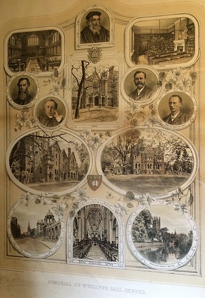 Memorial poster from Wycliffe Hall, c. 1910, with portraits of the first four principals and views of 52 and 54 Banbury Road prior to the addition of 