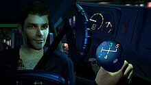 Players manipulate the stick shift (right), prompting facial reactions from the player character (left). Stick Shift Gameplay.jpg