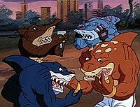 A screenshot from the first episode "Sharkbait". Clockwise from upper left: Jab, Streex, Big Slammu, Ripster. Streetsharks.jpg