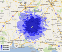 WBAM-FM Longely-Rice Predicated Coverage Map Wbam-fm-coverage.png