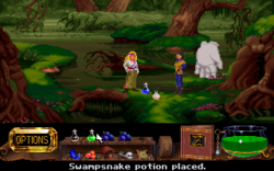 The cauldron located on the main interface provided a unique aspect to the gameplay, allowing players to make different potions to resolve puzzles encountered in the game. Legend of Kyrandia 2 screenshot.png