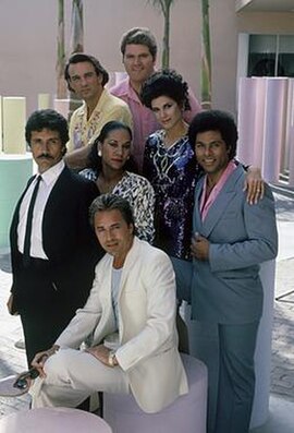 Group photo of the cast members of Miami Vice (from left to right): (top) John Diehl, Michael Talbott, Saundra Santiago (middle) Edward James Olmos, O