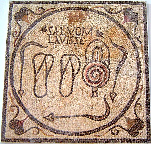 Mosaic bath sign from Sabratha, Libya, showing bathing sandals, three strigils, and the slogan SALVOM LAVISSE, "A bath is good for you"[2]