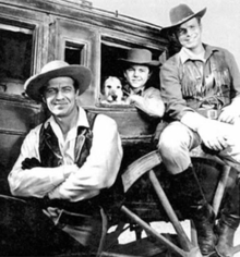 From left to right: Robert Bray as Sime Kane, the dog Hannibal II, Richard Eyer as Davey Kane, and Wayne Rogers as Luke Perry in a publicity photo for Stagecoach West. Robert Bray Richard Eyer Wayne Rogers Stagecoach West.PNG