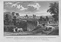 Engraving circa 1830 of Beam Aqueduct, viewed from north. Inscribed: Torridge Canal & Rolle Aqueduct, near Torrington, Devonshire. This plate is respectfully dedicated to the proprietor the Right Hon. Baron Rolle by the publishers