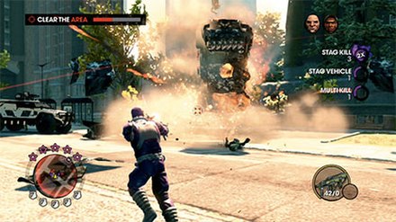 Screenshot of gameplay: a vehicle explodes and ambient challenge progress is displayed on the right