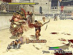 Combat in Shadow of Rome. Agrippa has just cut both of his opponent's arms off, earning the "Disarmed" salvo. His salvo meter is on the bottom right of the screen. Shadow of Rome gameplay.jpg