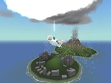 A blue-haired boy in a white robe is in the air over two small, mountainous islands. A white cloud is above him, and a gray, raining cloud is behind it.