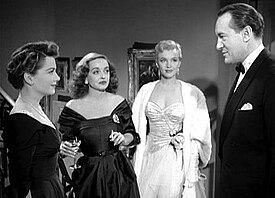A young and unknown Marilyn Monroe as Miss Casswell in a scene with Anne Baxter, Bette Davis and George Sanders