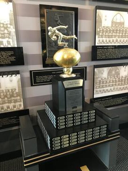 The Lambert Trophy on display in the Army Sports Hall of Fame at the United States Military Academy in 2019.