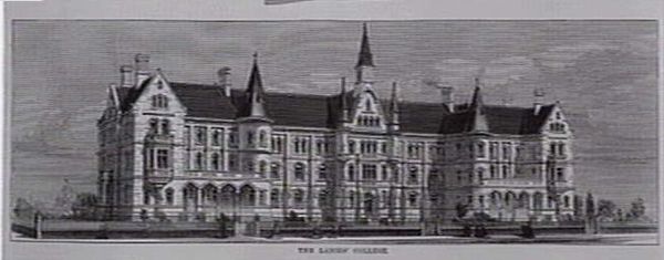Wood engraving of the planned Ladies' College, 1875. Only half was eventually built.