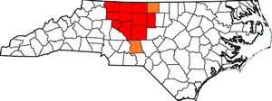 Definitions of the Piedmont Triad:
Census statistical area
Additional included area according to Piedmont Triad Council of Governments and Piedmont Triad Partnership Piedmonttriadarea whitebackground.png