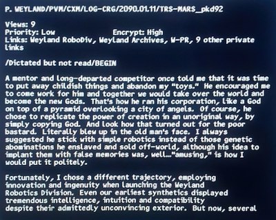 Screen capture of DVD bonus feature from Prometheus (2012), a dictated letter by Peter Weyland about Eldon Tyrell, chief executive officer of the Tyre