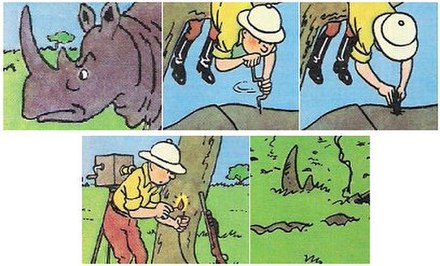 The early Adventures of Tintin naïvely depicted controversial images, which Hergé later described as "a transgression of my youth". In 1975, he substi