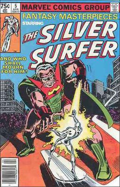 The Silver Surfer confronts the Stranger on the cover of reprint title Fantasy Masterpieces #5 (Apr. 1980). Art by John Buscema.