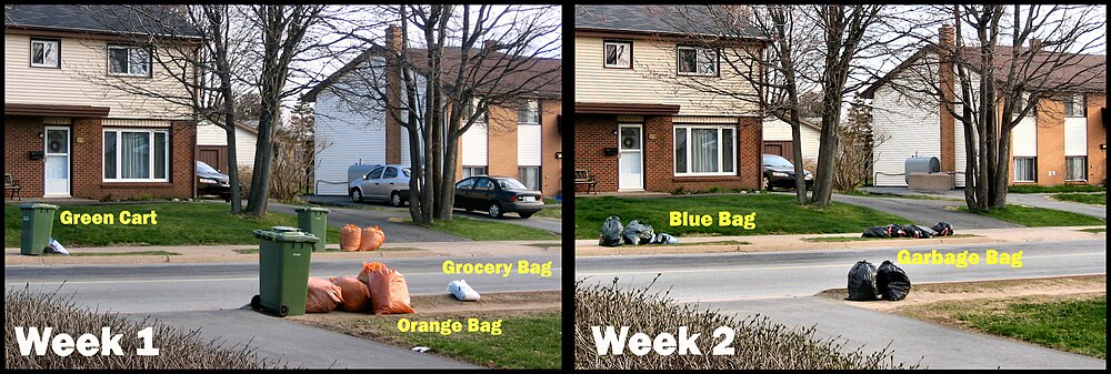 Halifax Regional Municipality (HRM) in Nova Scotia, Canada, with a population of about 375,000, has one of the most complex kerbside collection programmes in North America. Based on the green cart, it requires residents to self-sort refuse and place different types at the kerb on alternating weeks. As shown in the photo at left, week 1 would see the green cart and optional orange bags used for kitchen waste and other organics such as yard waste. Week 2 would permit non-recoverable waste in garbage bags or cans. Blue bags are used for paper, plastic and metal containers. Together with used grocery bags containing newspapers, they may be placed on the kerb either week. In summer, the green cart is emptied weekly due to the prevalence of flies. HRM has achieved a diversion rate of approximately 60 percent by this method.