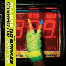 A photo of a green-gloved hand making a V sign in front of a digital clock.