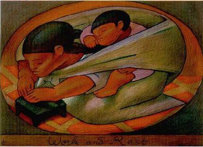 Work and Rest, color lithograph by Charlot, 1956