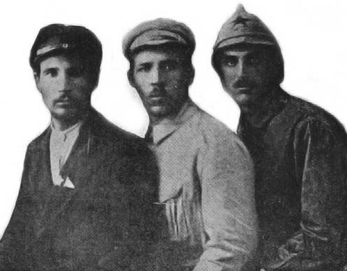 Andrei Kliushnikov (Nenin), left, Nicolai Shishman (Afanasiev), center and Covali (dressed in Red Army uniform) on the right