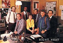 The cast of Night Heat. From left to right, Stephen Mendel, Sean McCann, Eugene A. Clark, Louise Vallance, Scott Hylands, Jeff Wincott, and Allan Royal.