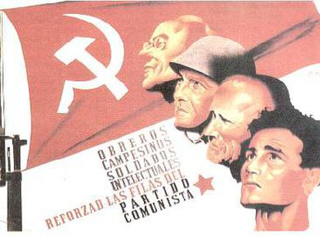 Civil War poster: "Workers, peasants soldiers, intellectuals: Reinforce the ranks of the Communist Party by Josep Renau