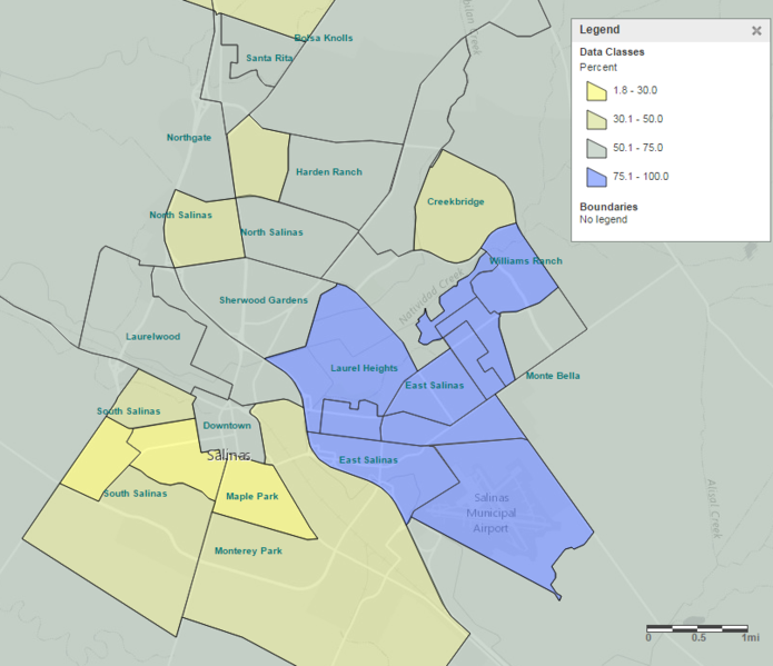 File:Thematic map showing percentage of households where Spanish is spoken at home in Salinas, CA.png