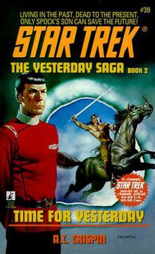 Mr Spock standing in front of the "Guardian of Forever" portal. His son Zar, bare-chested, sword-waiving, riding a dark grey unicorn out through the portal.