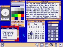 A screenshot of Arthur's GUI desktop and its bundled accessory applications AcornArthur110desktopsmall.png