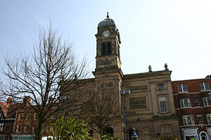 The Derby Guildhall, designed by Henry Duesbury and built in 1842 as a replacement for the building destroyed by fire in 1841 Derbyguildhall.jpg