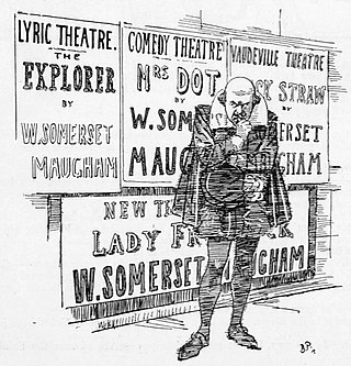 drawing of Shakespeare in front of theatre posters for four different plays by Maugham all running in the West End