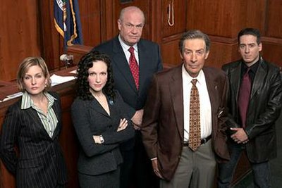 The original cast of Law & Order: Trial by Jury (2005); from left, Amy Carlson, Bebe Neuwirth, Fred Thompson, Jerry Orbach, and Kirk Acevedo.