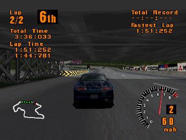 Gameplay from the first Gran Turismo featuring a Mitsubishi FTO GPX on the fictional Trial Mountain Circuit.
