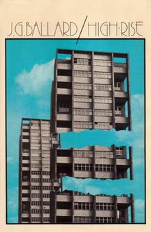 First edition (hardcover) of J.G. Ballard's novel High Rise, showing a fractured building with floors missing, against a backdrop of blue sky and clouds, with the author and title at the top.