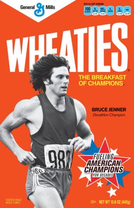 Image of a throwback Wheaties cereal box featuring Jenner. The box reflects designs from the 1970s when General Mills used Jenner for promoting their 