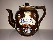 A Measham Bargeware Teapot showing the original name of Woodville as 'Wooden Box' Measham Bargeware Teapot.jpg