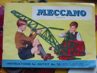 Instruction book for the 1956 Meccano No. 7 and 8 Outfits, showing a model of a walking drag line excavator built with the red and green Meccano piece