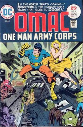 Cover of OMAC #6 (July–August 1975) with the original OMAC. Art by Jack Kirby and D. Bruce Berry.