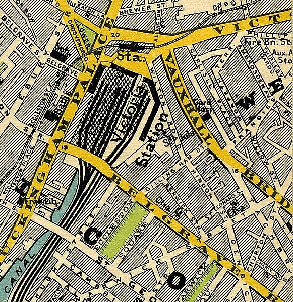 Victoria Station in 1897, showing the separate Brighton (left) and Chatham (right) stations.