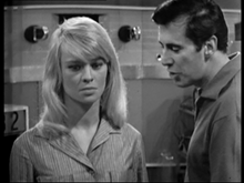 Julie Christie as Andromeda and Peter Halliday as Fleming in a scene from "The Face of the Tiger", episode six of A for Andromeda (1961), the only full surviving episode. A for Andromeda.png