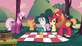 alt=Cheerilee and Big McIntosh face each other while the Cutie Mark Crusaders stand between them smiling to see if they can fall in love with each other.